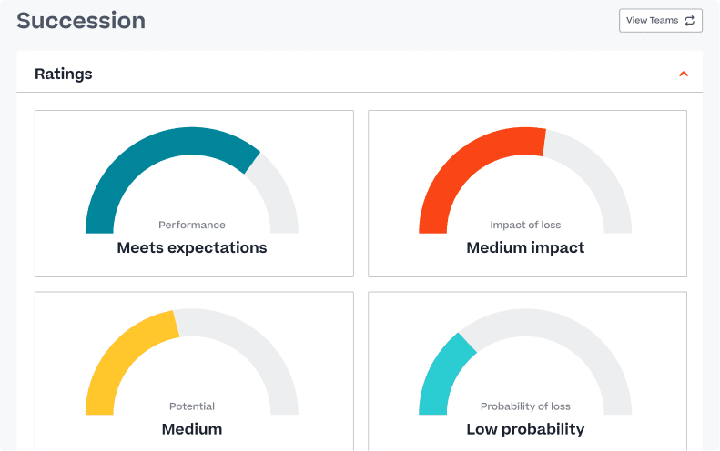Product screen shot of Cornerstone Succuession. You see four quadrants, including performance, impact of loss, potential, and probability of loss.