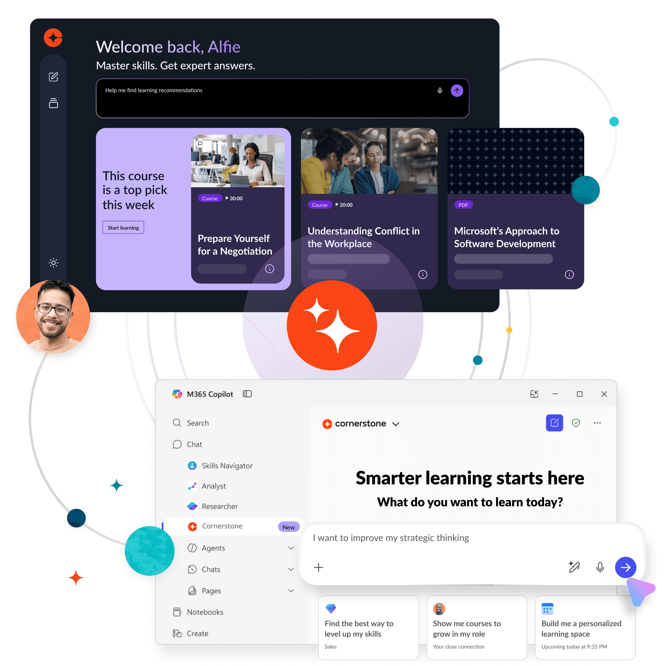 Dos interfaces de plataformas de aprendizaje interconectadas, una mostrando cursos y otra con el mensaje "El aprendizaje inteligente comienza aquí", junto a un perfil de usuario, rodeado de líneas abstractas y un icono brillante.