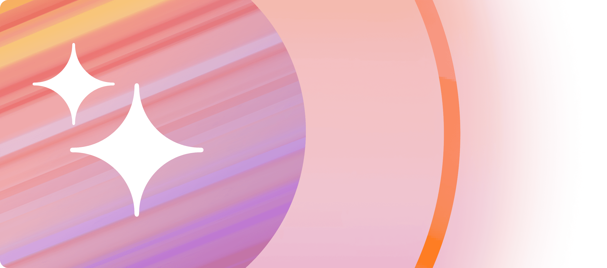 Diseño abstracto con dos íconos de destellos blancos sobre franjas diagonales coloridas y un degradado curvado grande.