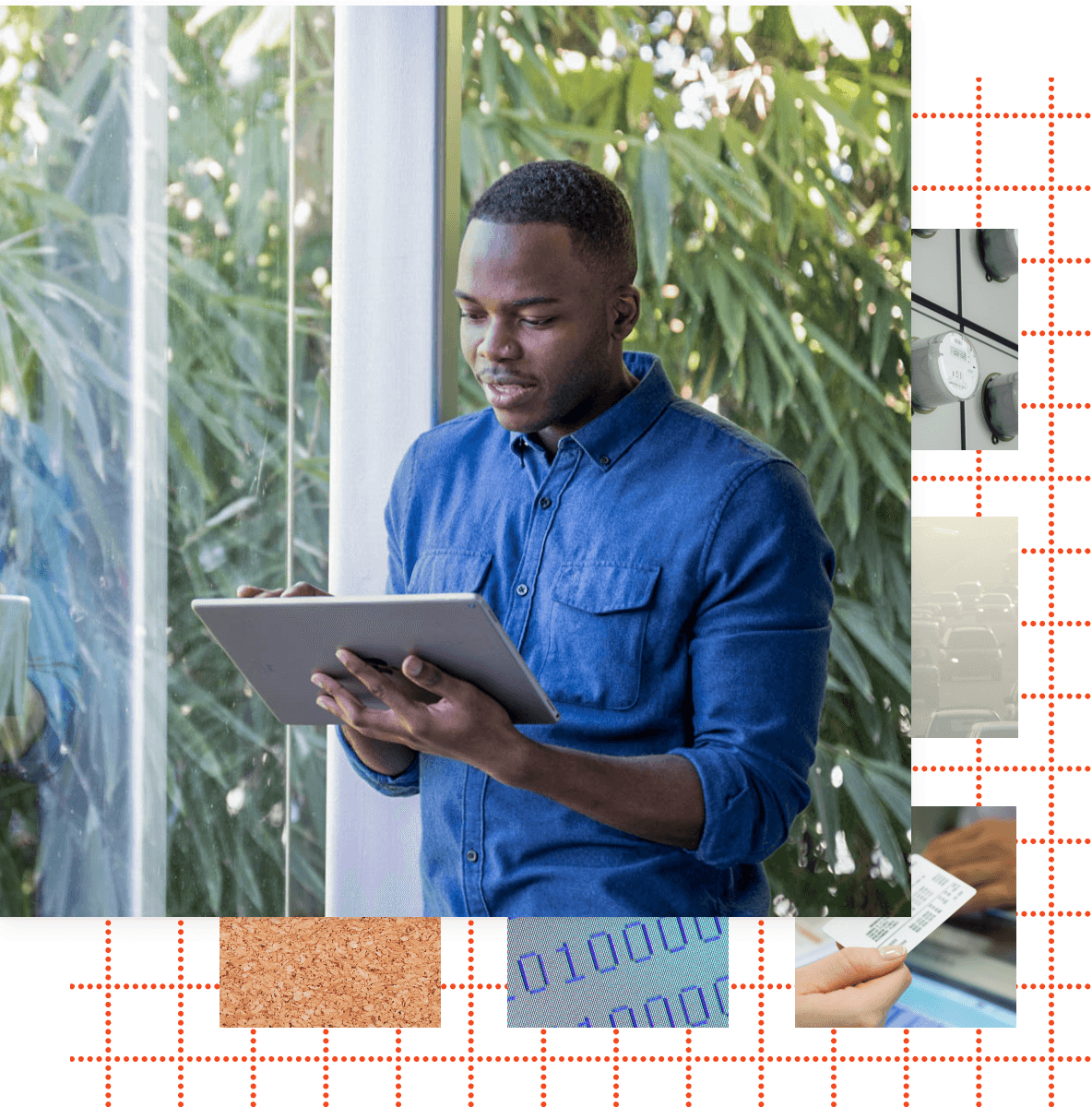 Imagen de un hombre mirando una tableta. Detrás de él hay una imagen gráfica de fondo.