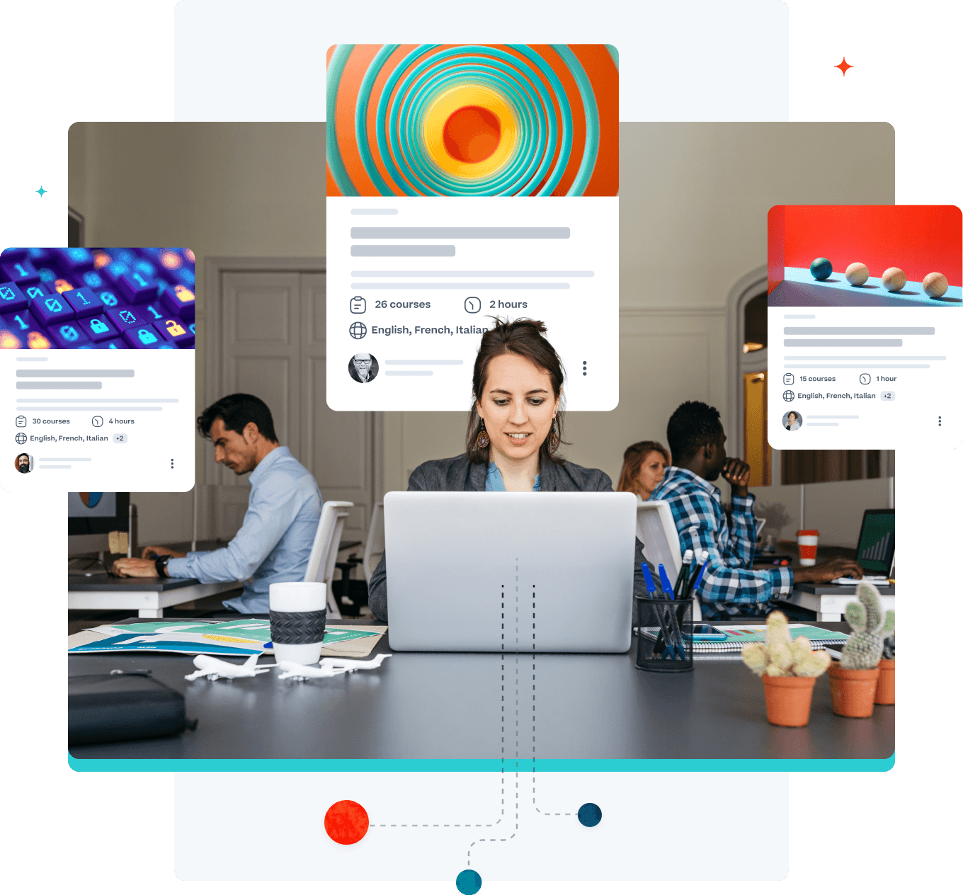 Imagem gráfica de uma mulher trabalhando em um escritório, onde é possível ver representações do curso que ela está fazendo em seu laptop.
