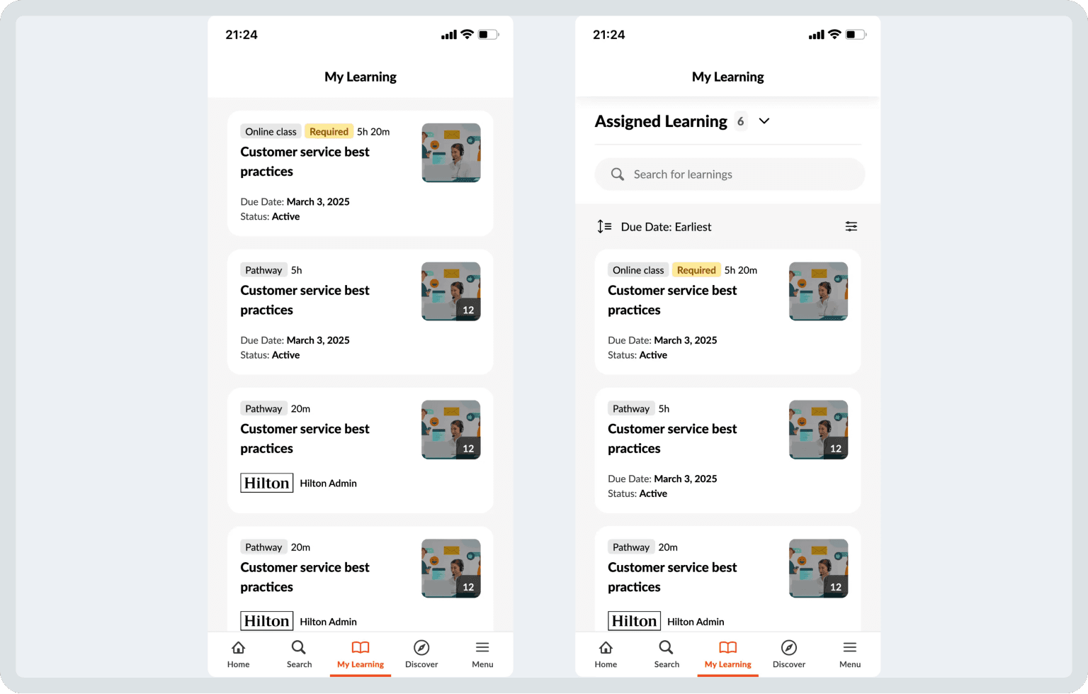 Duas telas de dispositivos móveis exibindo a interface do Cornerstone Learning com listas de cursos; a tela da direita inclui opções de busca e filtro.