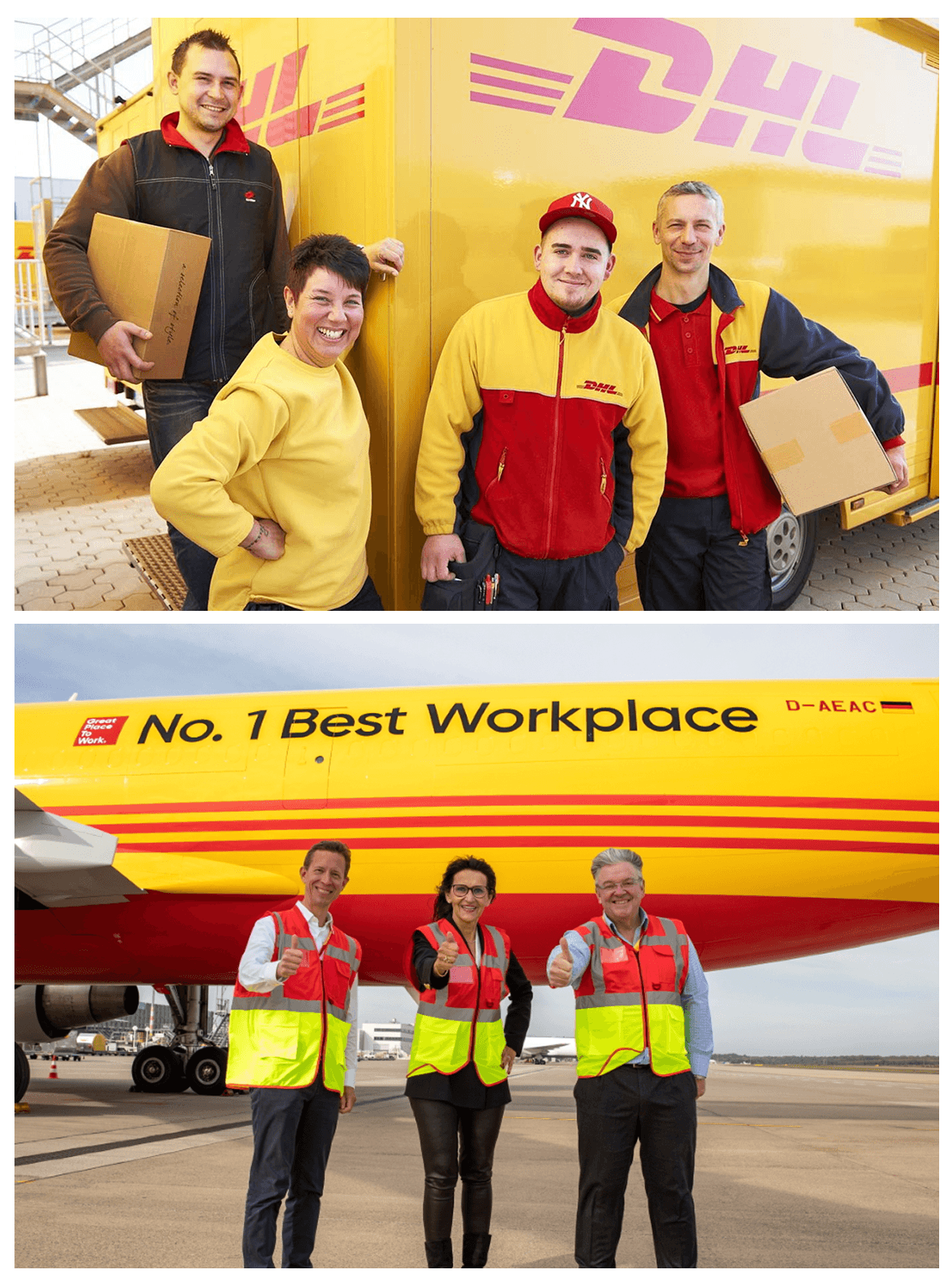 Image of DHL employees in their DHL clothing and vehicles.