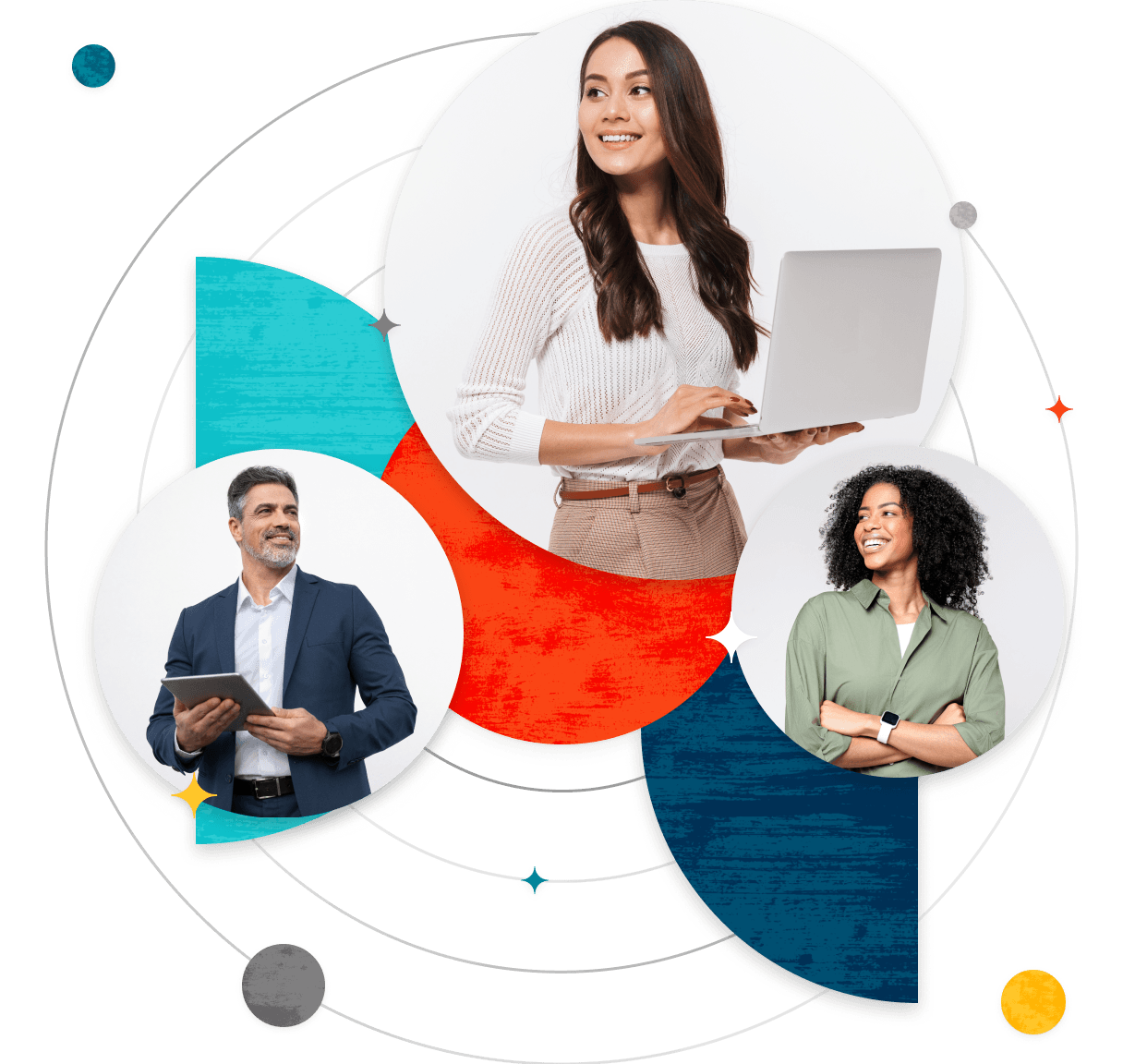 a woman is using a laptop and a man is holding a tablet