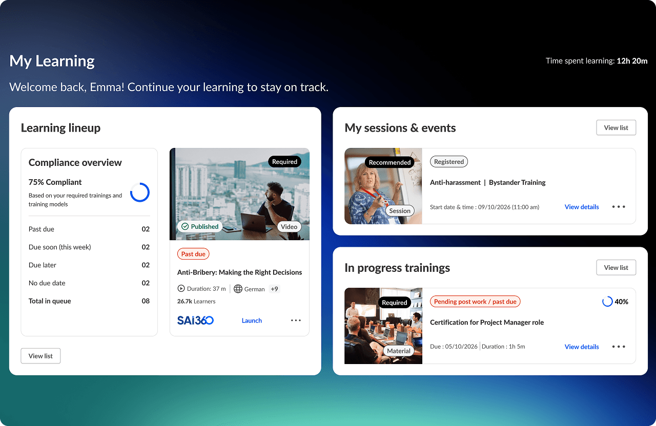 Ein „Meine Lernaktivitäten“-Dashboard für Emma, das eine Compliance von 75 %, eine überfällige Antikorruptionsschulung, ein registriertes Antibelästigungstraining und 40 % abgeschlossene Inhalte für eine Projektmanager:in-Zertifizierung anzeigt.