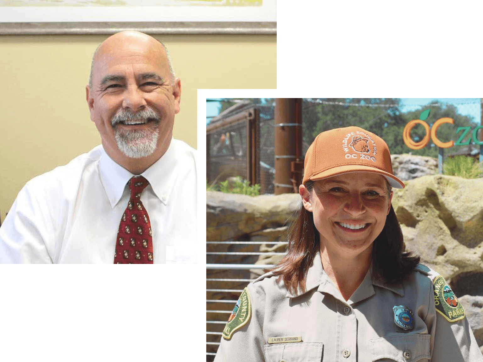 Portraits of a smiling man in a tie and a smiling woman in an OC Zoo uniform.