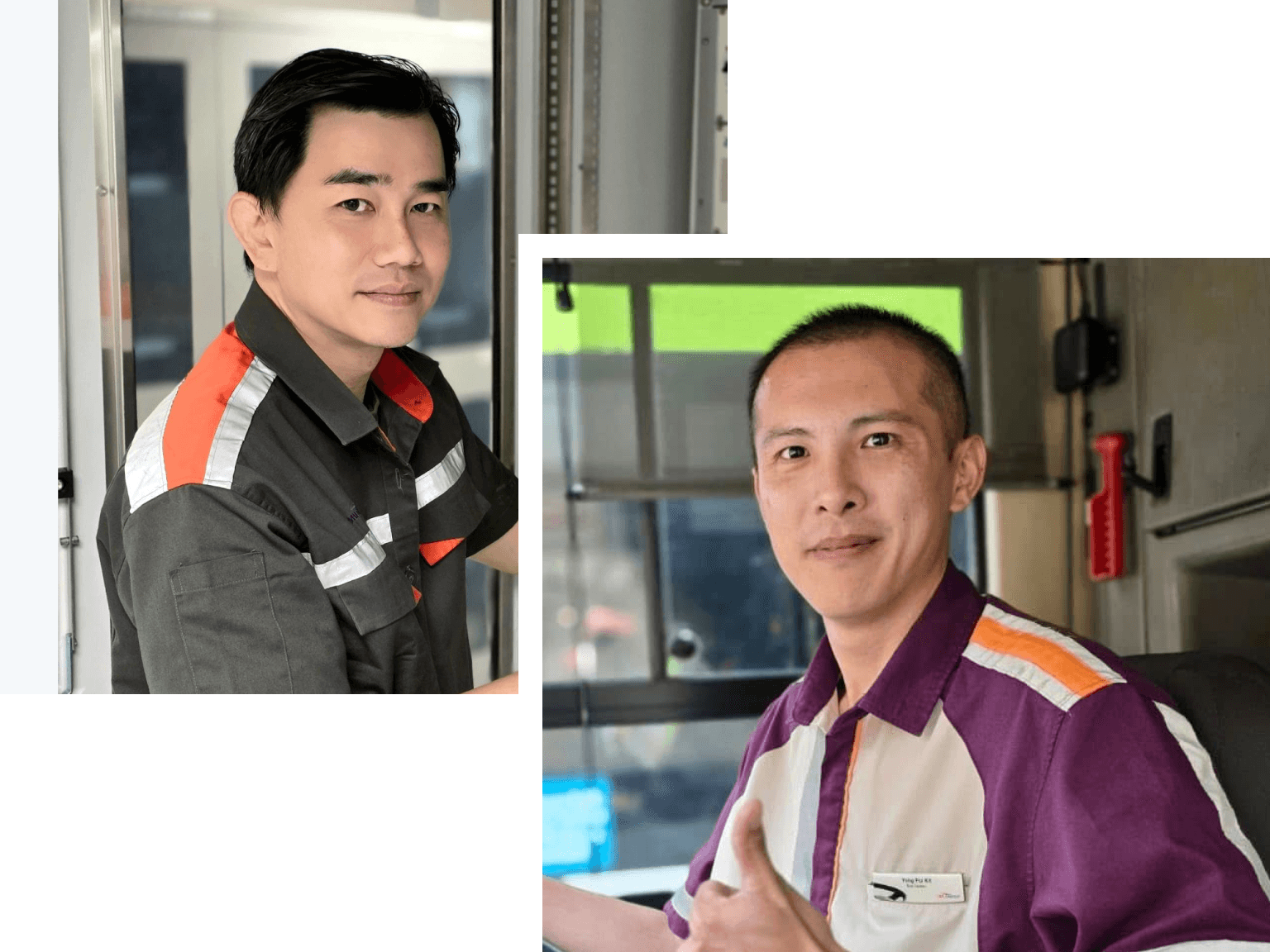 Two men in work uniforms. One in a dark grey shirt with orange and reflective stripes, the other in a purple and cream polo shirt, giving a thumbs-up.